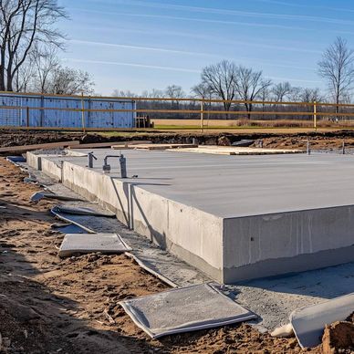 Freshly poured concrete foundation for a building under construction.