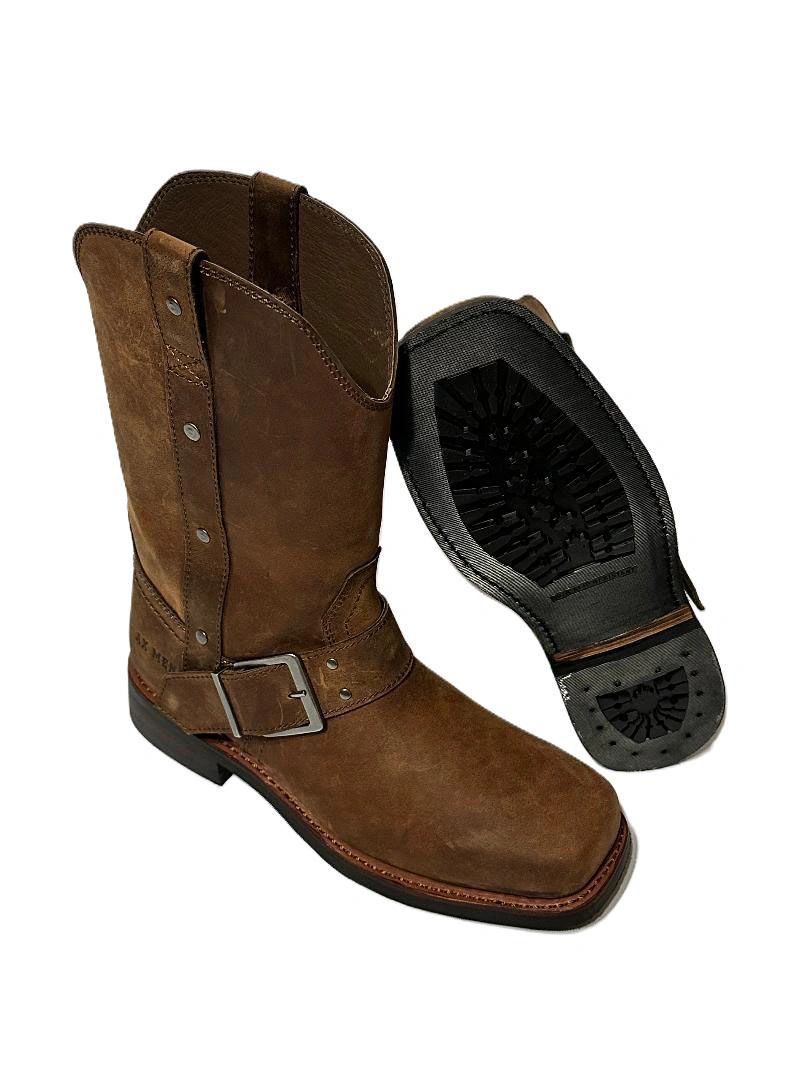 Pair of brown leather western boots with buckle and rugged sole.