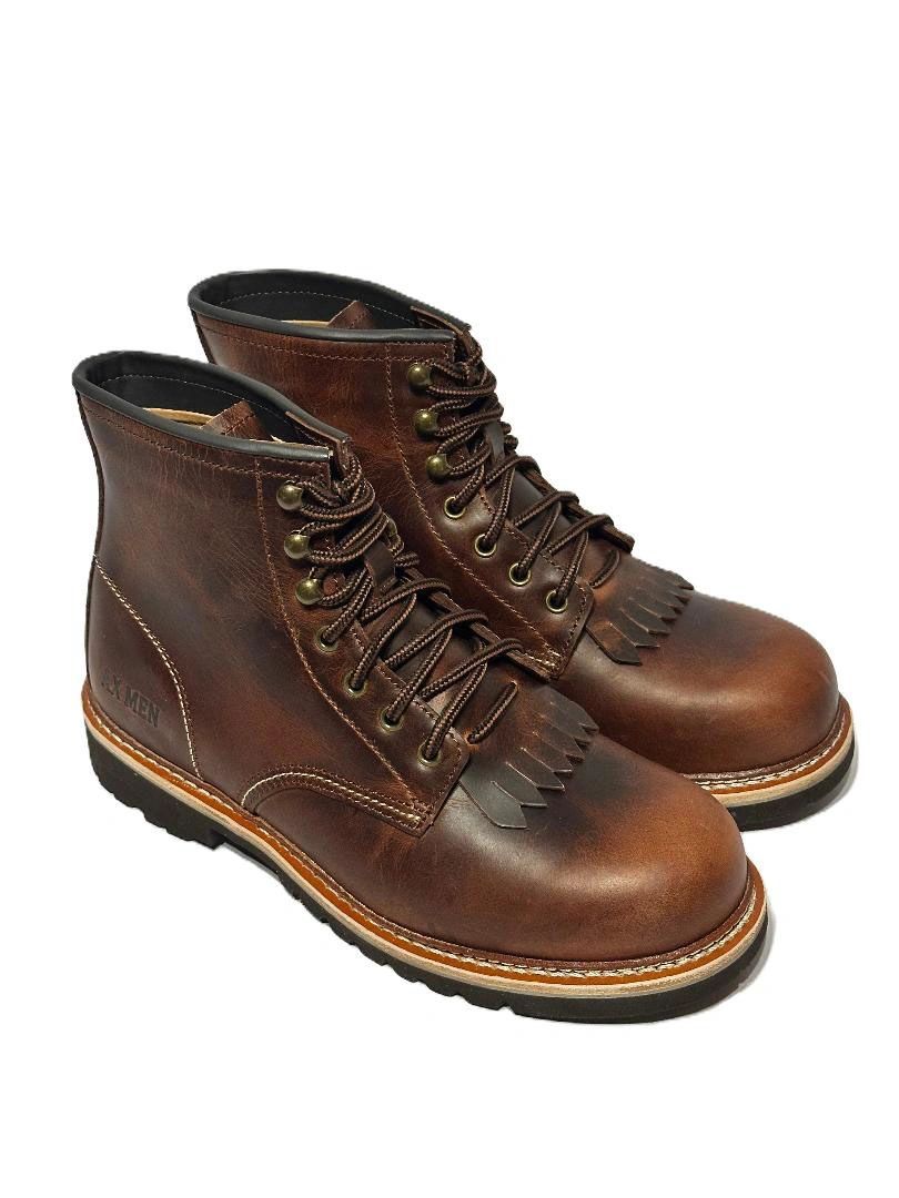 Pair of brown leather lace-up boots with rugged soles.