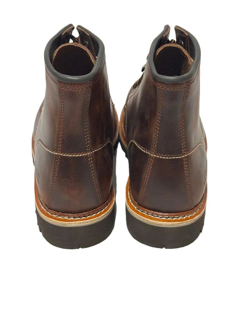 Pair of brown leather boots shown from the back.