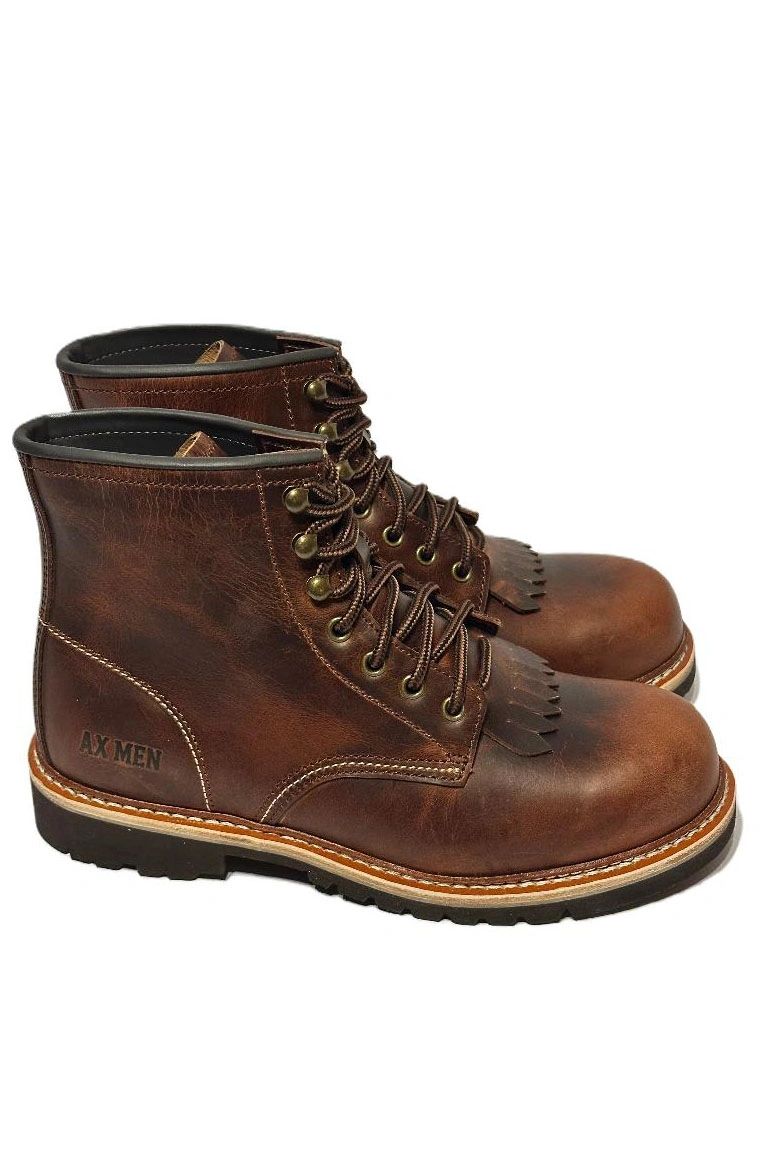 Pair of brown leather lace-up boots with AX MEN branding.