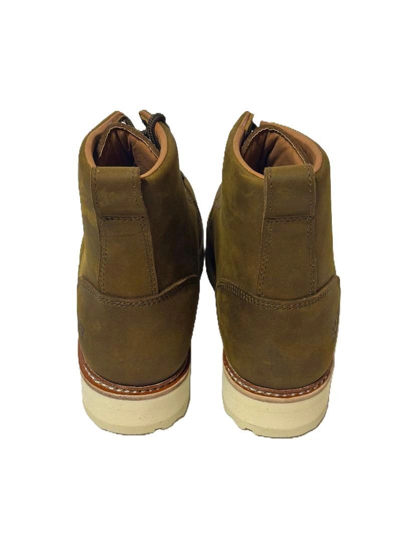 Pair of brown leather boots with white soles shown from the back.