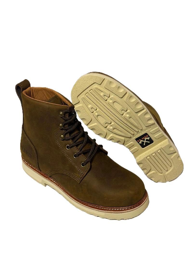 Brown leather boots with white soles and black laces.