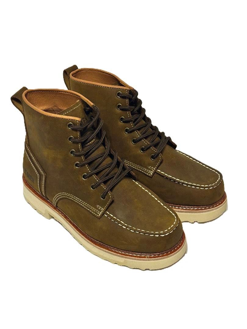 Pair of brown leather lace-up boots with white stitching and light-colored soles.