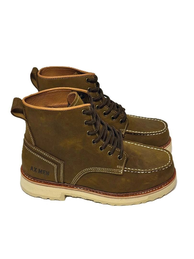 Brown leather boots with white stitching and thick soles.