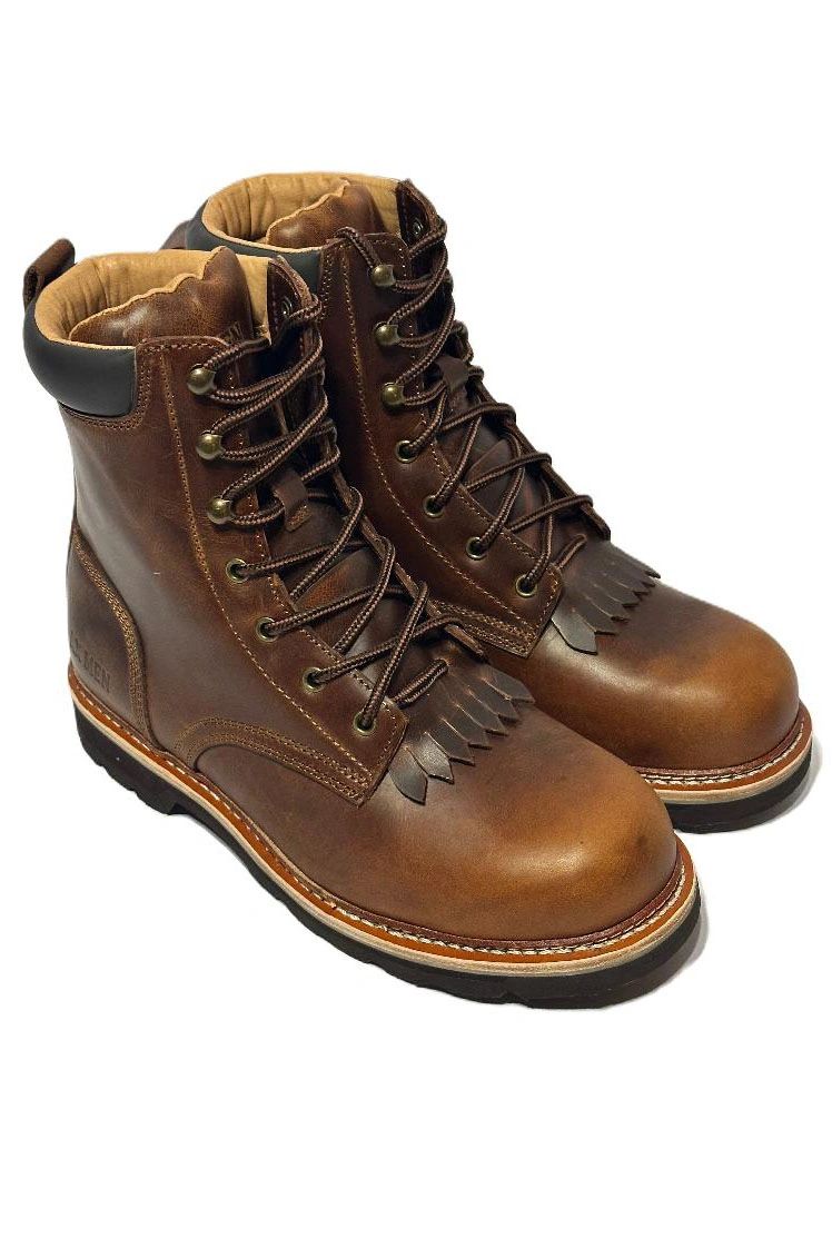Pair of brown leather work boots with sturdy laces and thick soles.