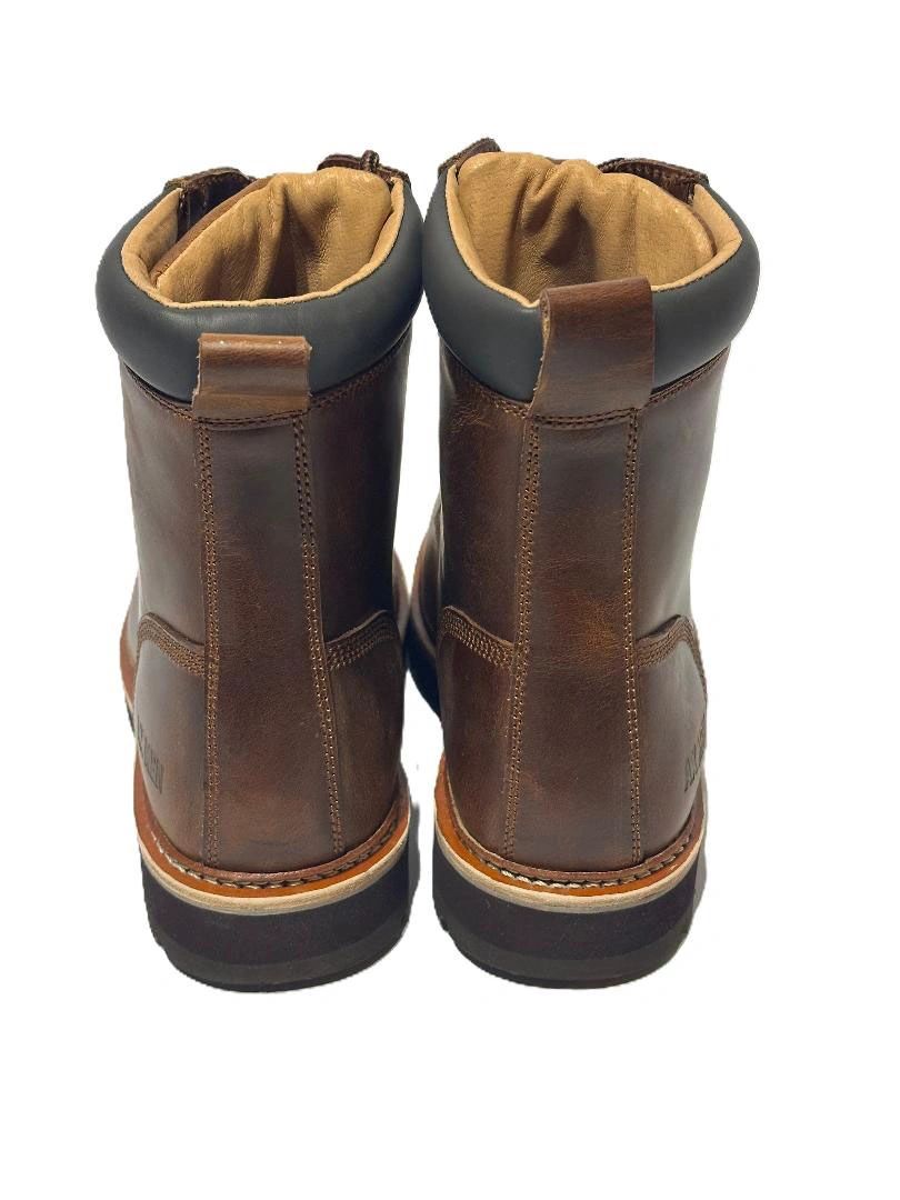 Pair of brown leather boots viewed from the back.