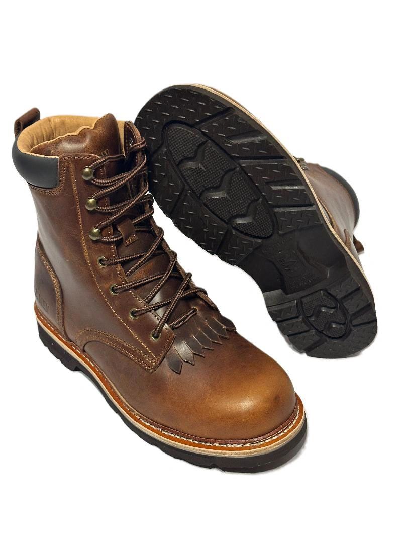 Pair of brown leather work boots with rugged soles and laces.