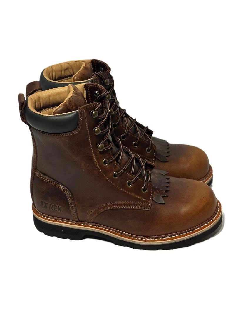 Pair of sturdy brown leather boots with black soles and laces.