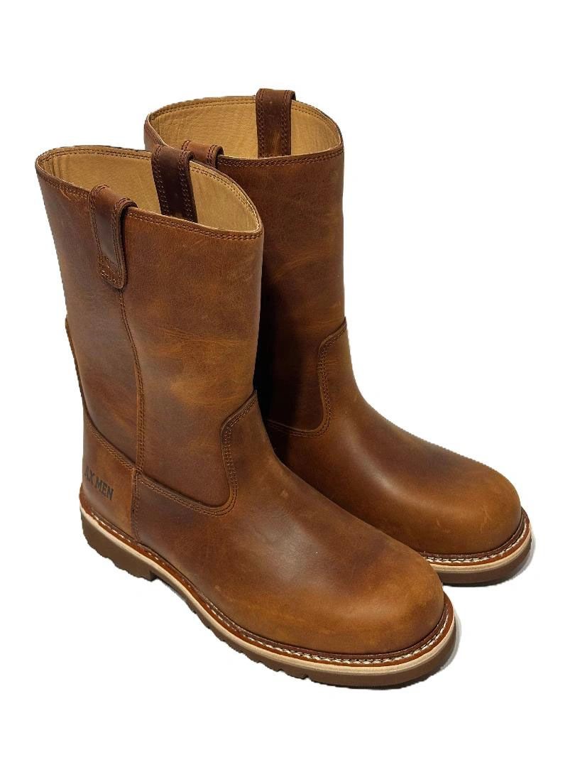 Pair of brown leather work boots with pull tabs and sturdy soles.