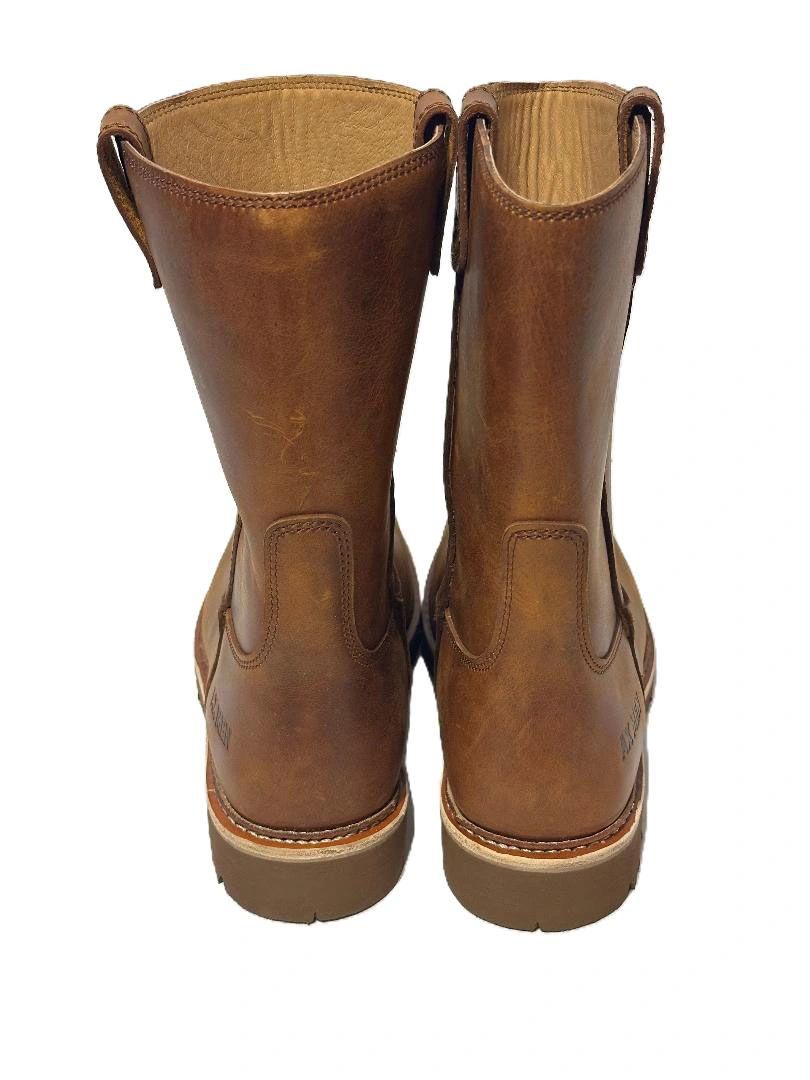 Pair of brown leather boots shown from the back.