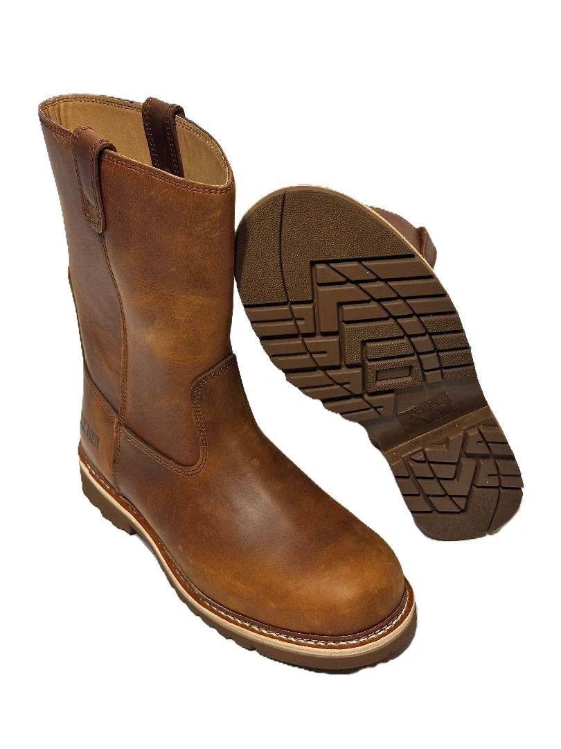 Pair of brown leather boots with durable soles and pull straps.