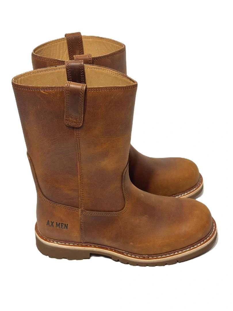 Pair of brown leather work boots with pull tabs and AX MEN branding.