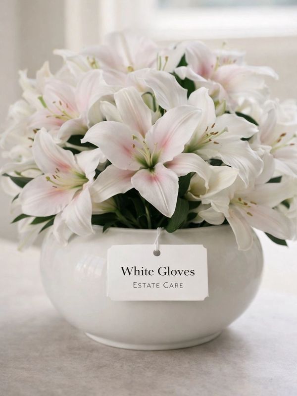 Elegant white lilies in a white vase labeled White Gloves Estate Care.