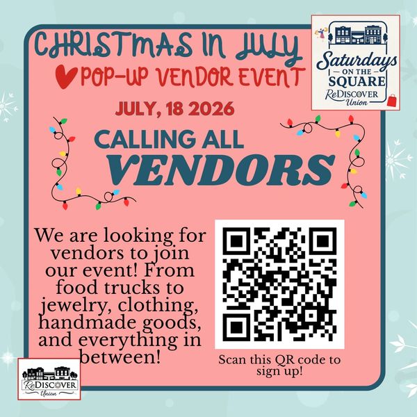 Christmas in July pop-up vendor event call for vendors on July 18, 2026.