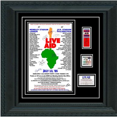 Framed Live Aid 1985 concert poster with tickets and memorabilia.