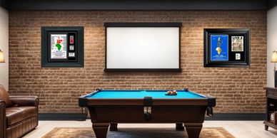 A stylish game room with a pool table and framed posters on a brick wall.