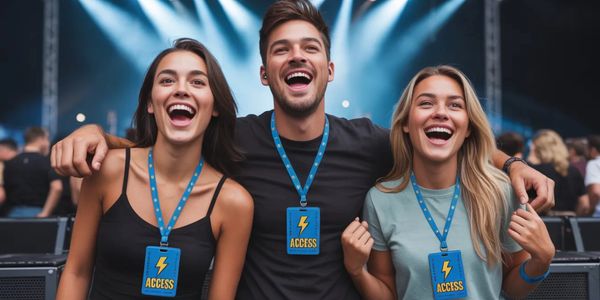 Three friends with access badges smiling at an event.
