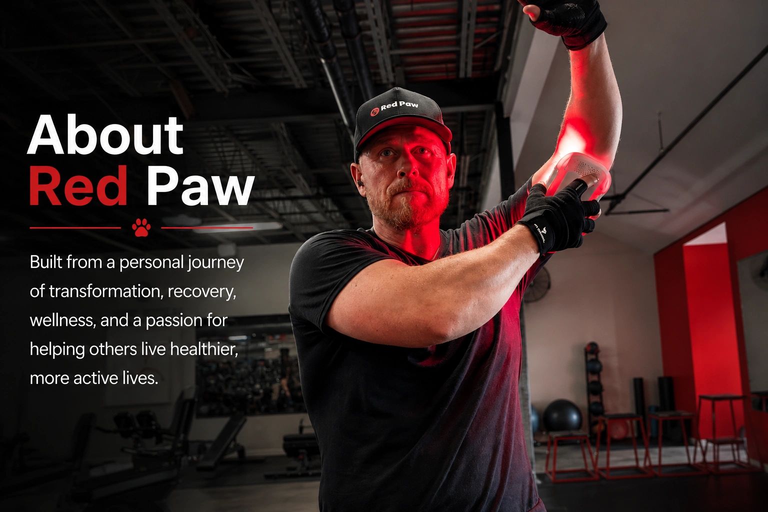 Man using a Red Paw device for recovery in a gym setting.