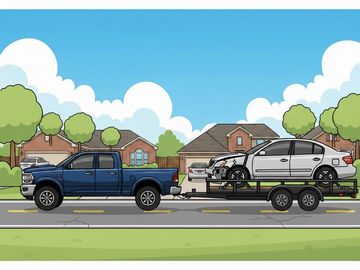 A blue truck towing a damaged silver car on a trailer in a suburban neighborhood.