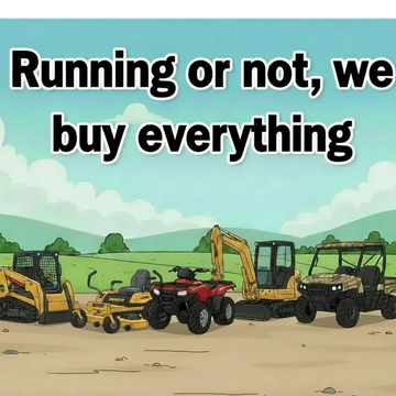 Text over image of various construction and utility vehicles in a field.