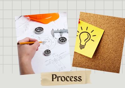 Hand drawing mechanical designs with a lightbulb idea note on corkboard.