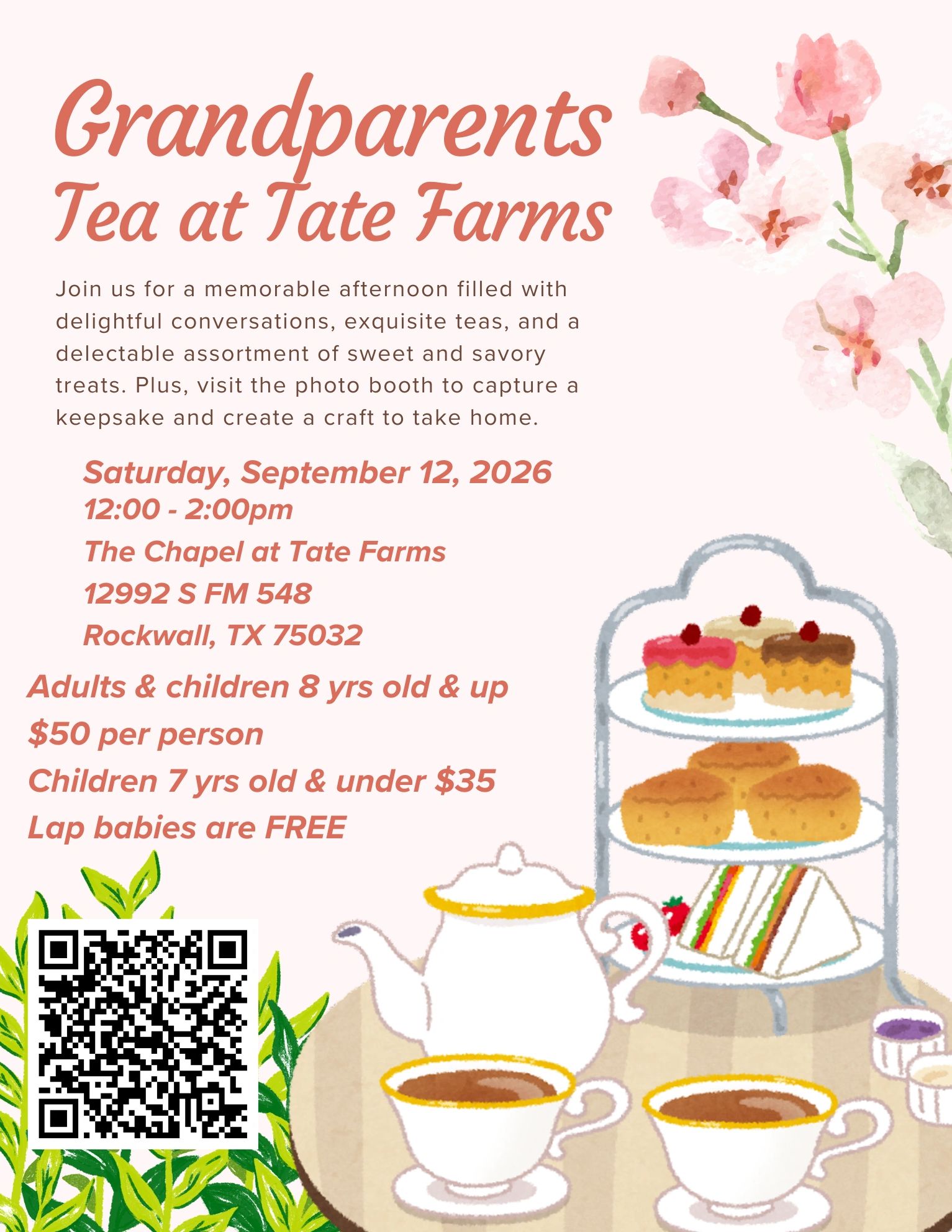 Invitation for Grandparents Tea at Tate Farms with treats, crafts, and photo booth.