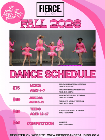 Fierce Dance Studio Fall 2026 schedule for kids and teens with no signup fees.