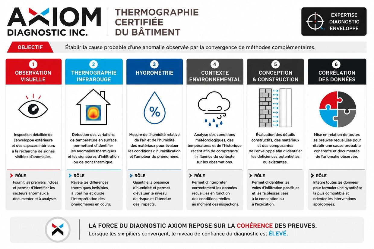 Infographie expliquant les étapes du diagnostic thermique du bâtiment par Axiom Diagnostic Inc.