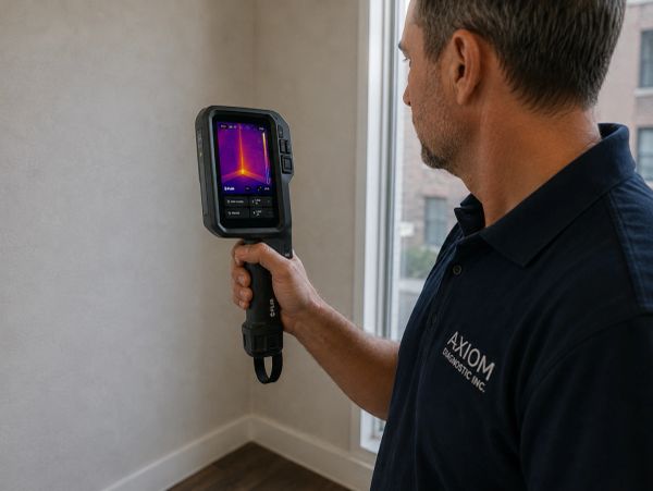Technicien utilisant une caméra thermique pour inspecter un mur intérieur.
