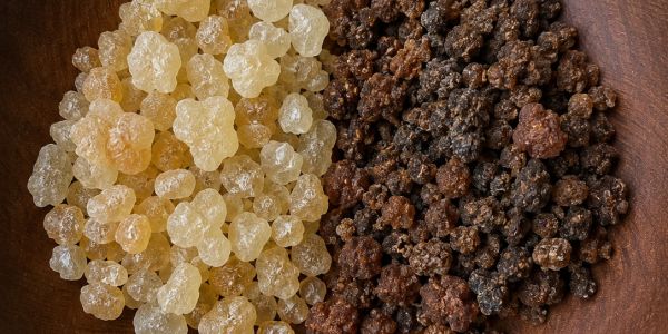 Close-up of white and brown resin granules on a wooden surface.