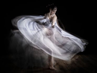A dancer in a flowing white dress twirls gracefully, captured with motion blur.
