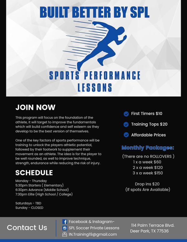 Sports Performance Lessons schedules & program informational flyer.