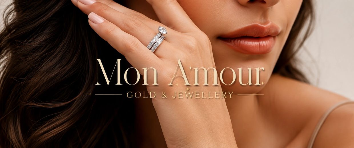 Elegant diamond rings showcased on a woman's hand for Mon Amour Gold &amp; Jewellery.