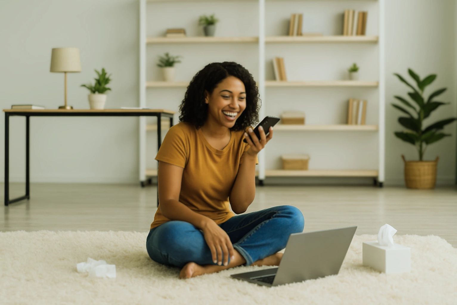 Woman sitting on a rug, smiling at her phone with a laptop nearby.