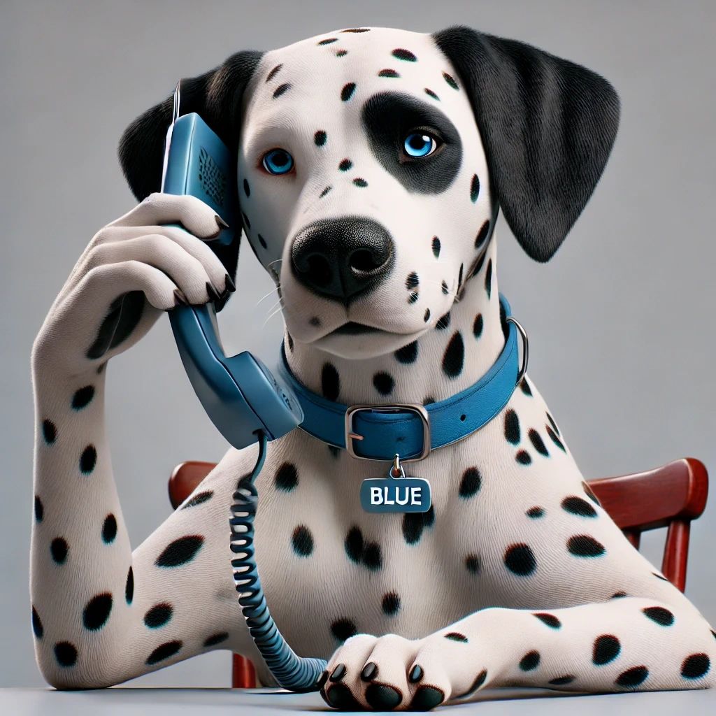 Dalmatian mascot named Blue holding a landline phone while sitting at a desk, wearing a blue collar