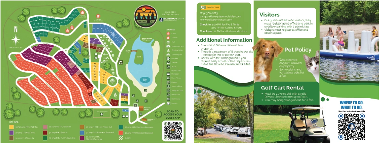 Example of campground map flyer with color-coded sites, amenities, visitor info, and QR codes