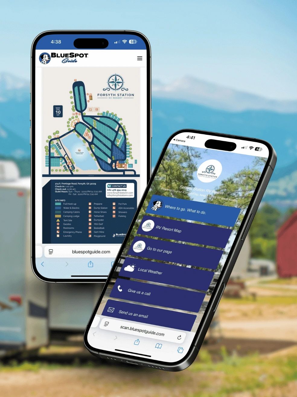Smartphones displaying a digital free campground map and guest guide for RV travelers.