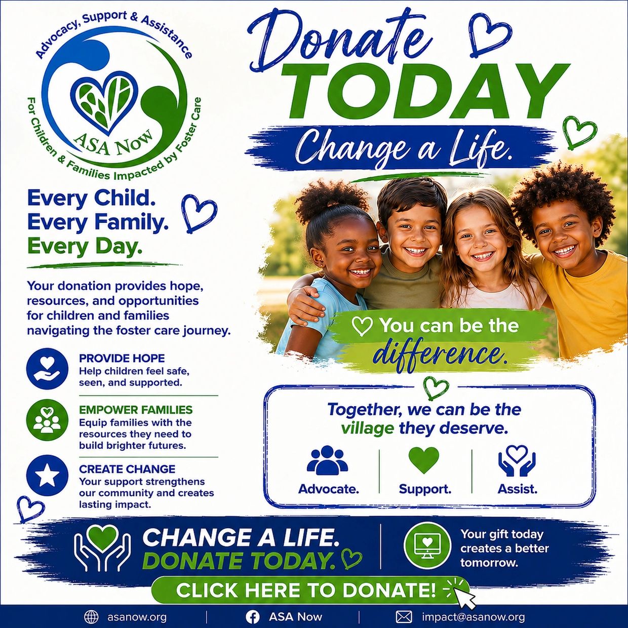 Children smiling happily, encouraging donations to support foster care families.