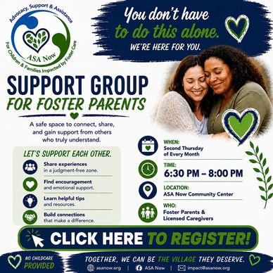 Support group for foster parents offering connection, sharing, and encouragement.
