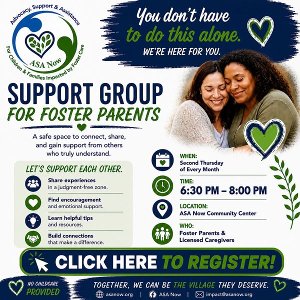 Support group for foster parents offering connection, sharing, and encouragement.