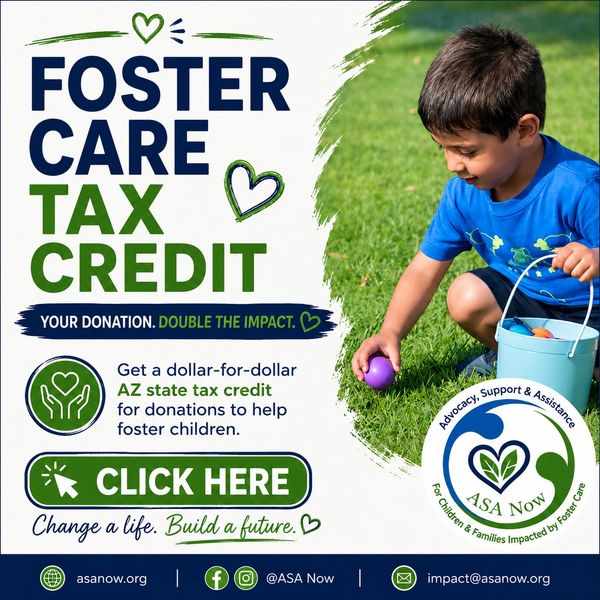 Promote foster care tax credit with a child playing outdoors holding colorful eggs.