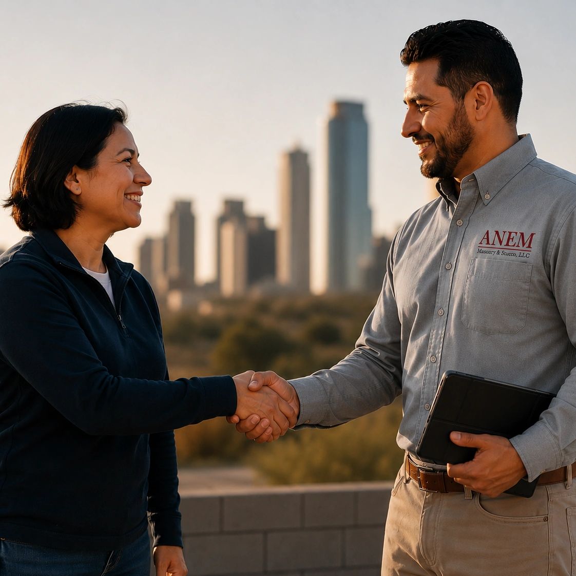 Two people smiling and shaking hands outdoors with city skyline.