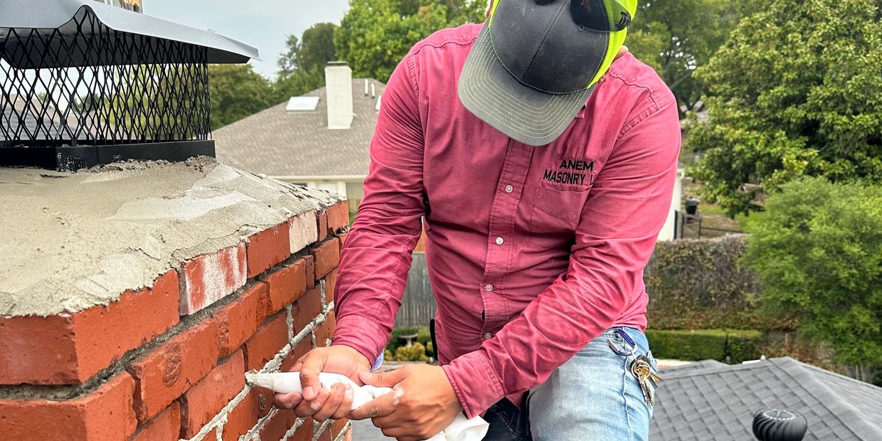 Worker sealing chimney bricks on a rooftop.