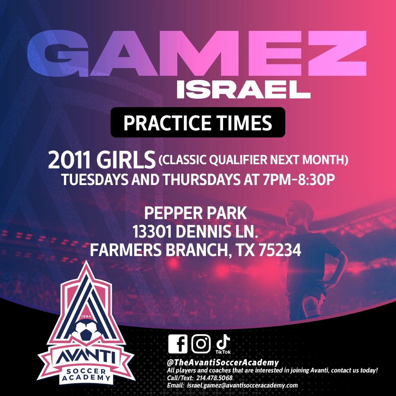 Avanti Soccer Academy practice times for 2011 girls on Tuesdays and Thursdays at Pepper Park, Farmers Branch, TX.