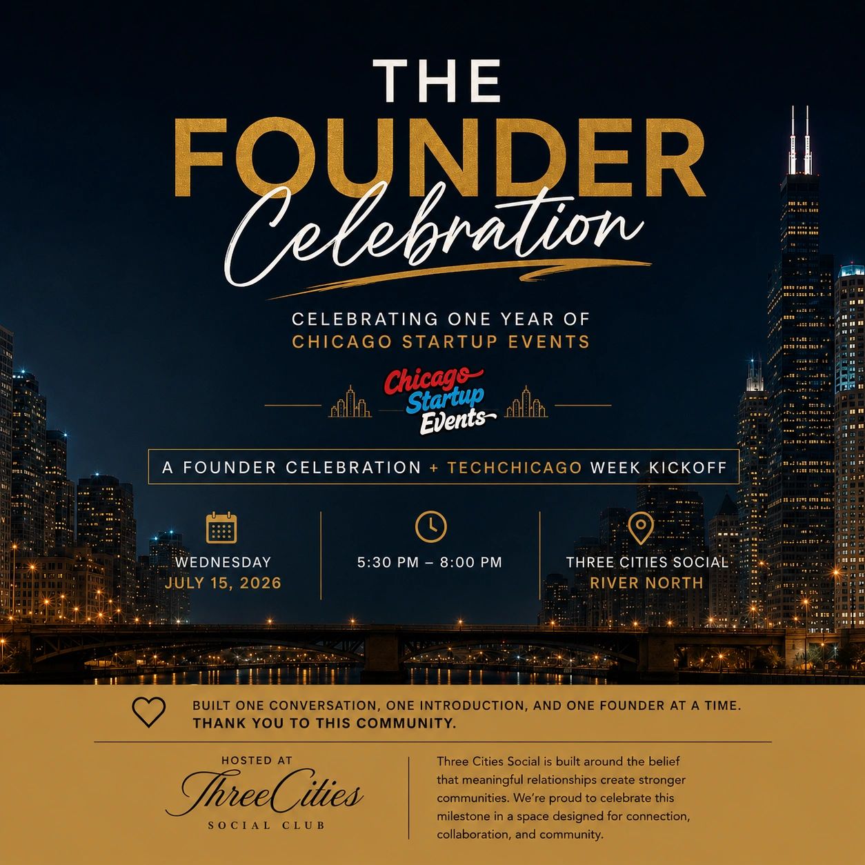 Invitation for The Founder Celebration event in Chicago on July 15, 2026.