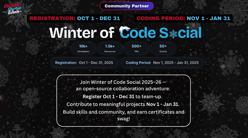 Winter of Code Social 2025-26 open-source coding event registration and coding period dates.