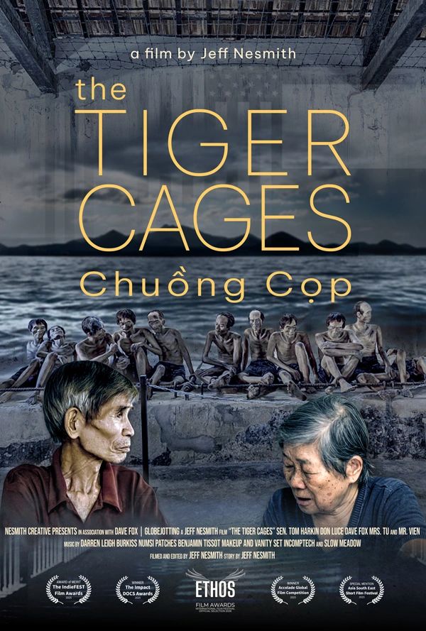 Poster for the film 'The Tiger Cages' showing prisoners behind bars and two people in the foreground.