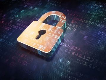A digital padlock symbolizes cybersecurity and data protection.