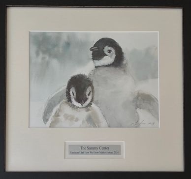 Watercolor painting of two penguins in a black frame with an award plaque.